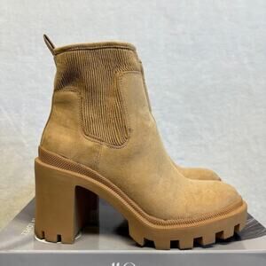 Y2K J.Lo Tan Suede Ankle Sock Boots Lug Sole Chelsea Block Heel Women’s Size 6.5